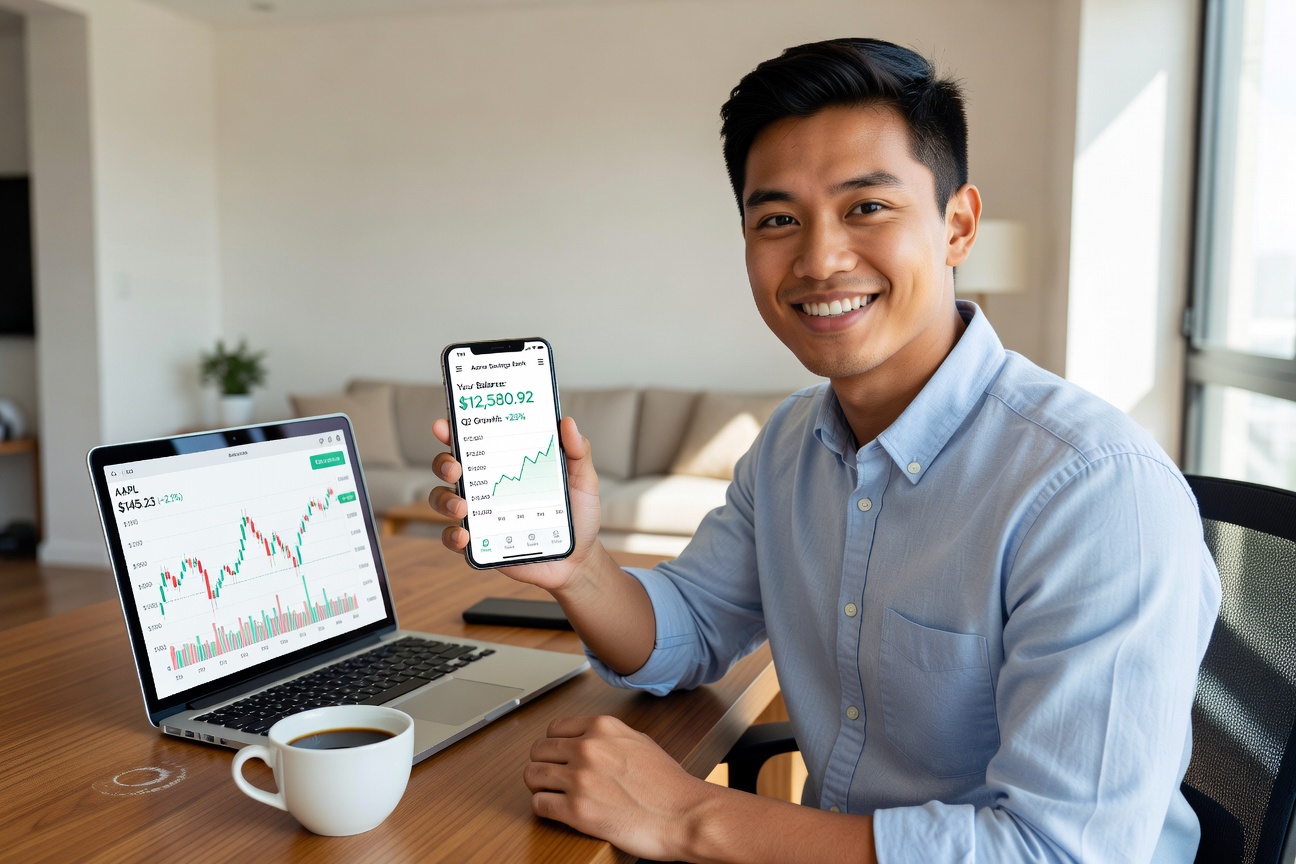 Young Asian man on phone reviewing high-yield savings rates, excited expression, modern setup