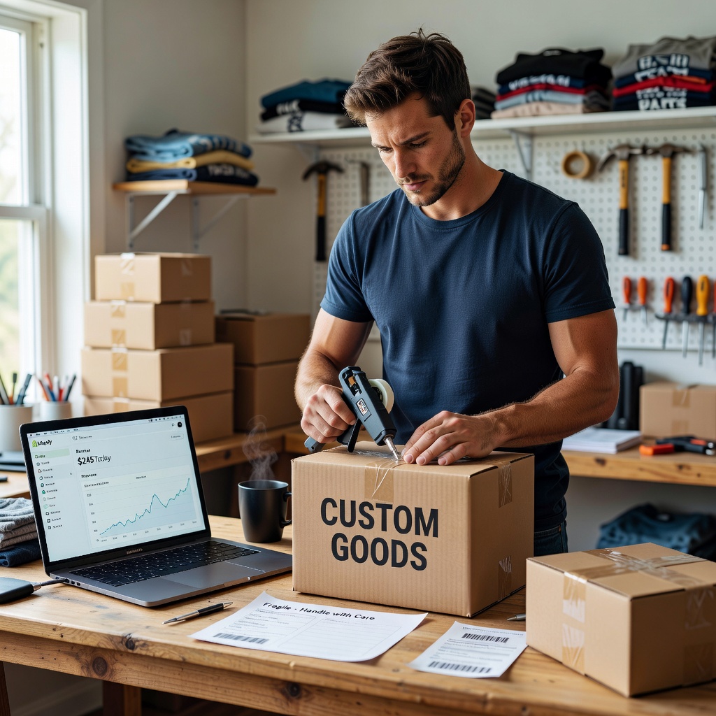 White entrepreneur in 20s boxing up products for online side hustle, focused and determined, workshop vibe