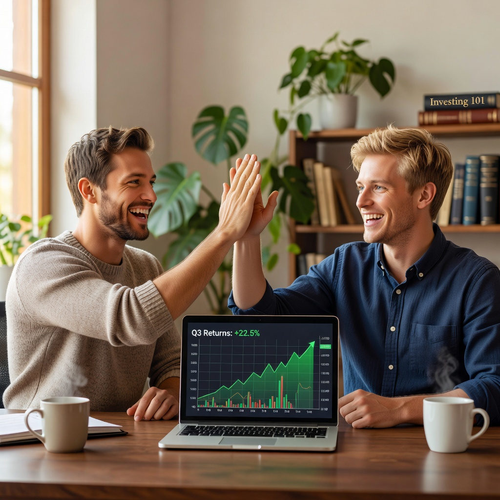 Young White men in group high-fiving over investment gains, casual home office, laptops showing charts