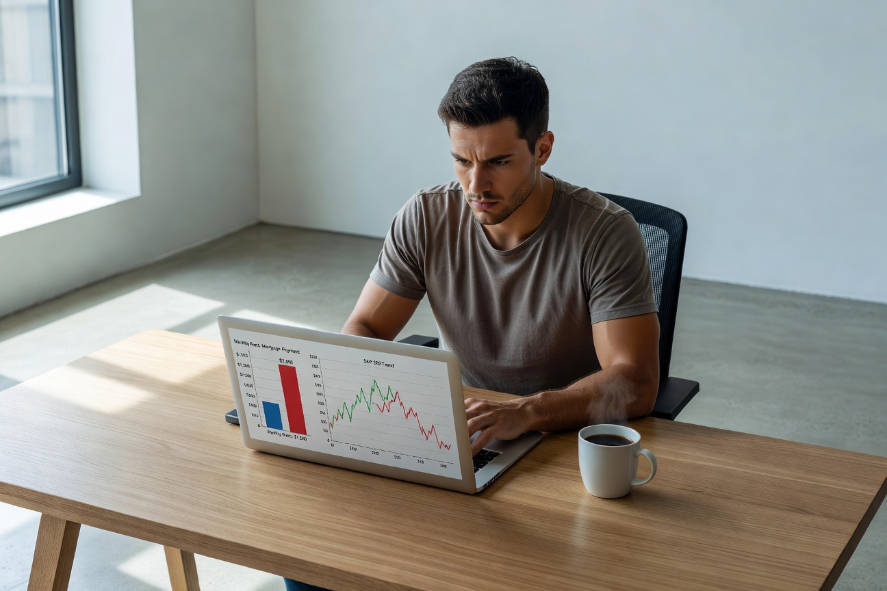 Young White man analyzing rent vs buy financial charts on laptop in modern apartment