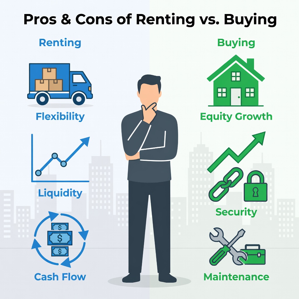 Infographic comparing rent vs buy pros cons with graphs and icons