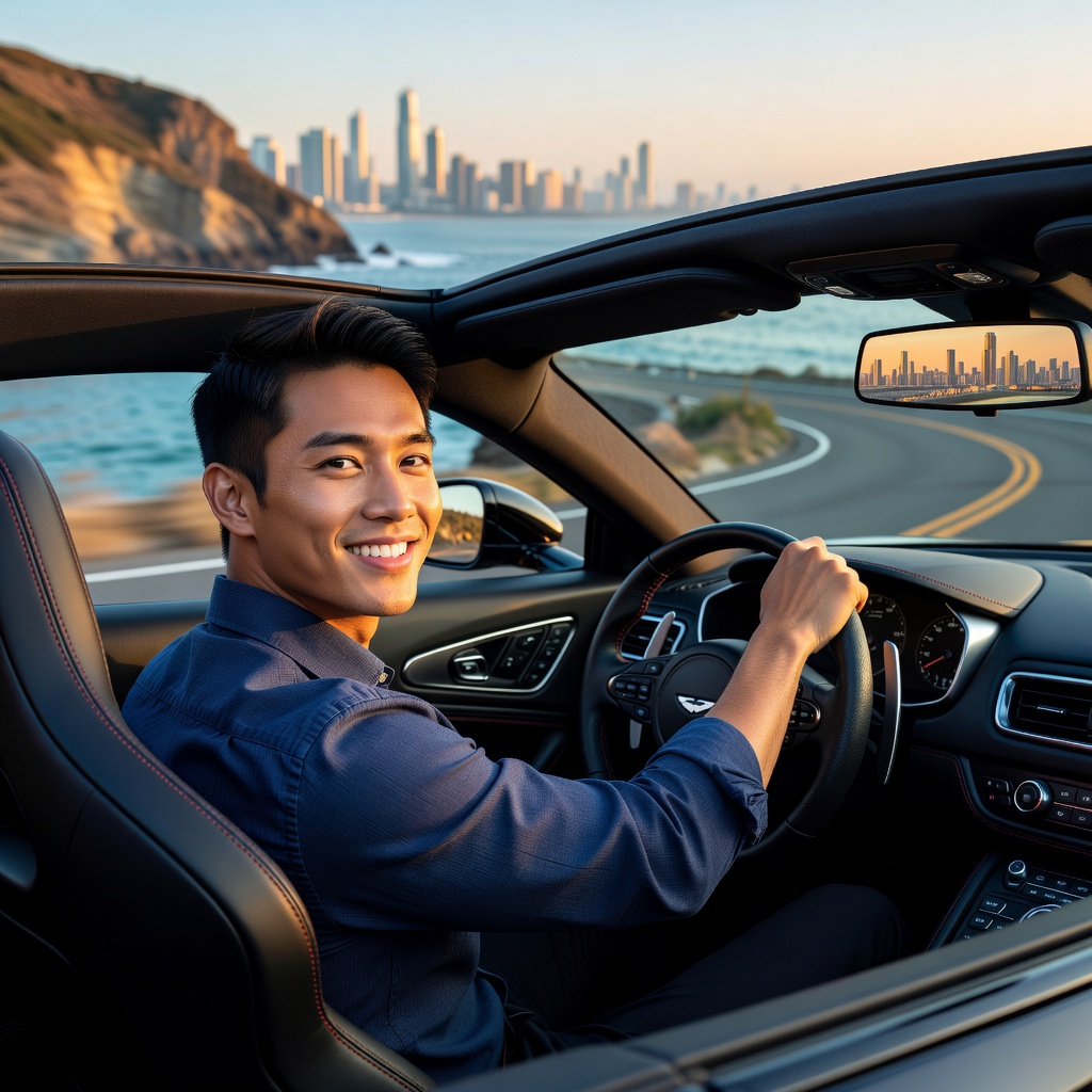 Young Asian man in luxury car overlooking city skyline symbolizing financial freedom