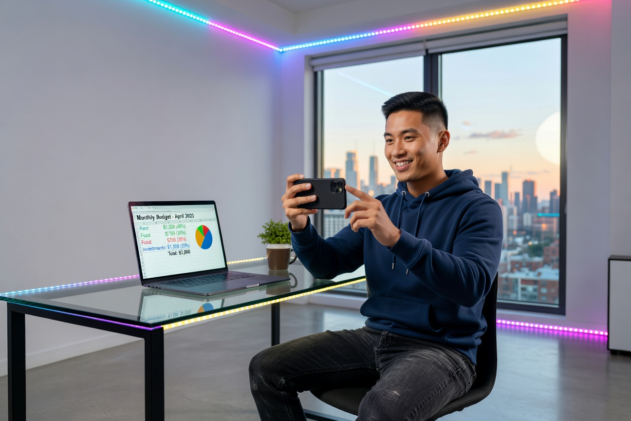 Young Asian man filming TikTok video on loud budgeting in modern apartment
