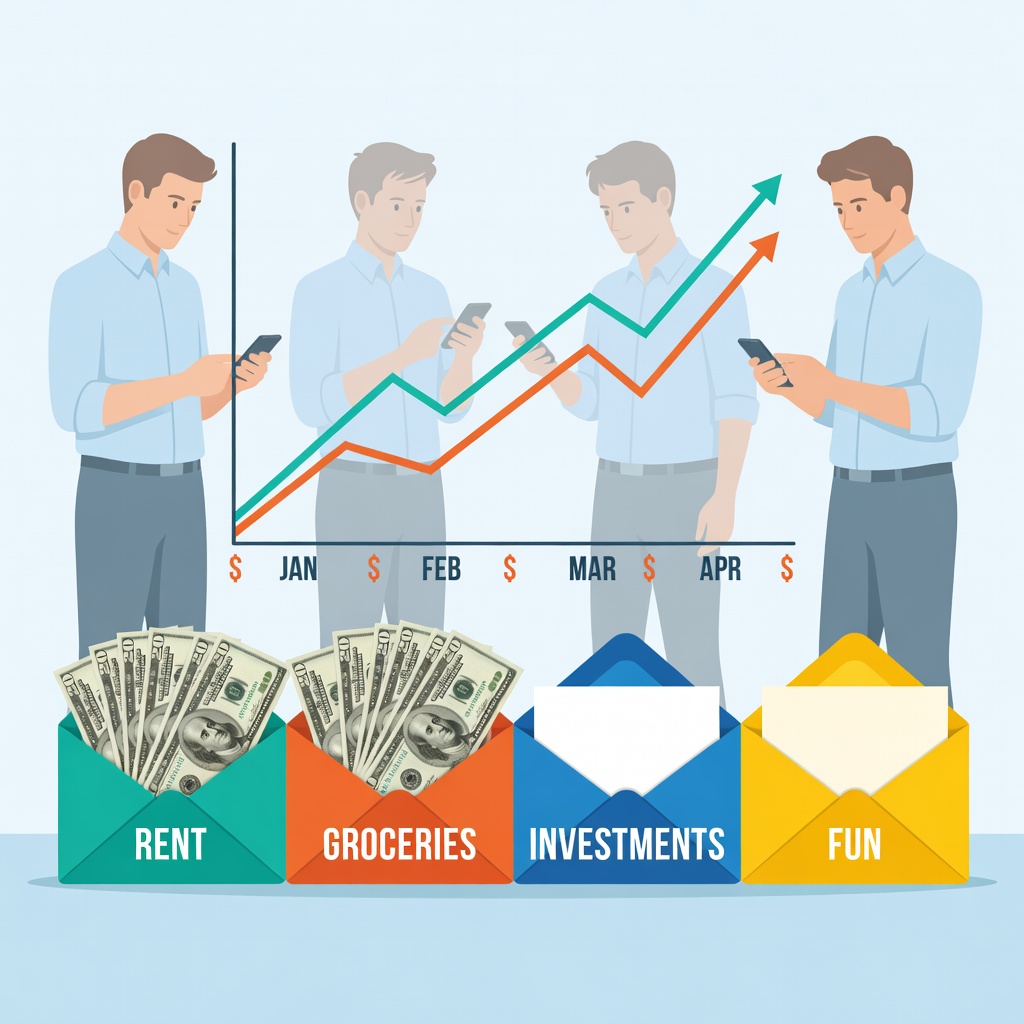 Infographic of loud budgeting envelope system with savings growth chart