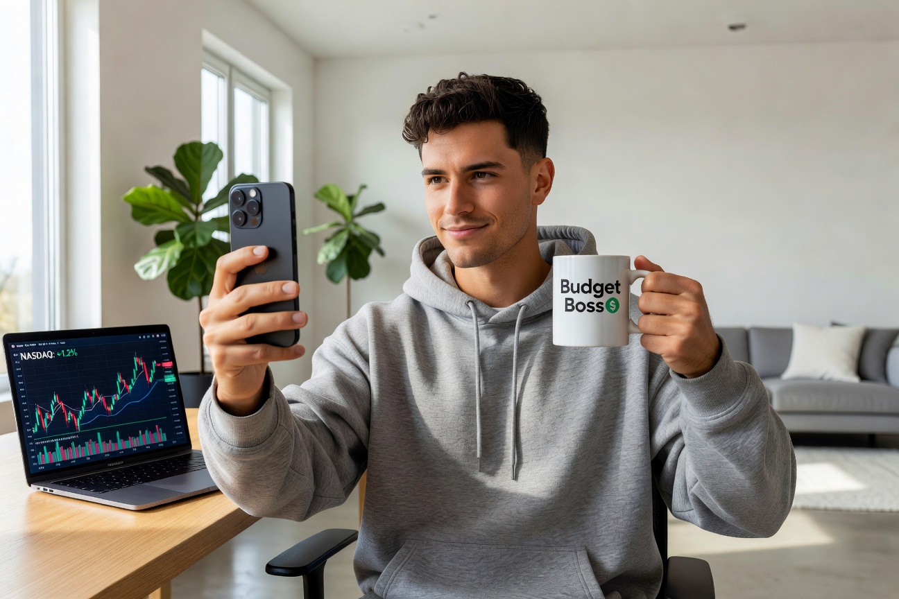 Young White man filming TikTok video boasting about skipping expensive coffee for home brew, confident smile, modern apartment background