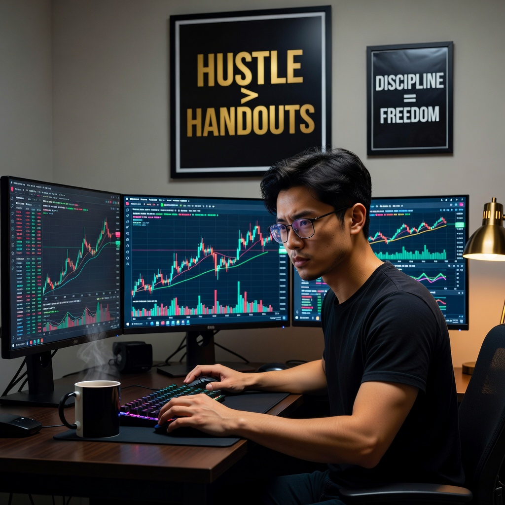 Young Asian man at desk investing saved money from budgeting into stock charts on multiple screens, focused expression, home office setup