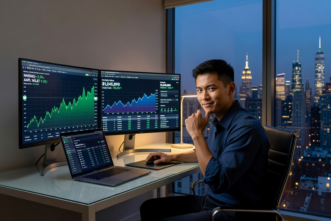 Confident young Asian man in modern home office reviewing stock portfolio on dual monitors, charts glowing green, city skyline at dusk