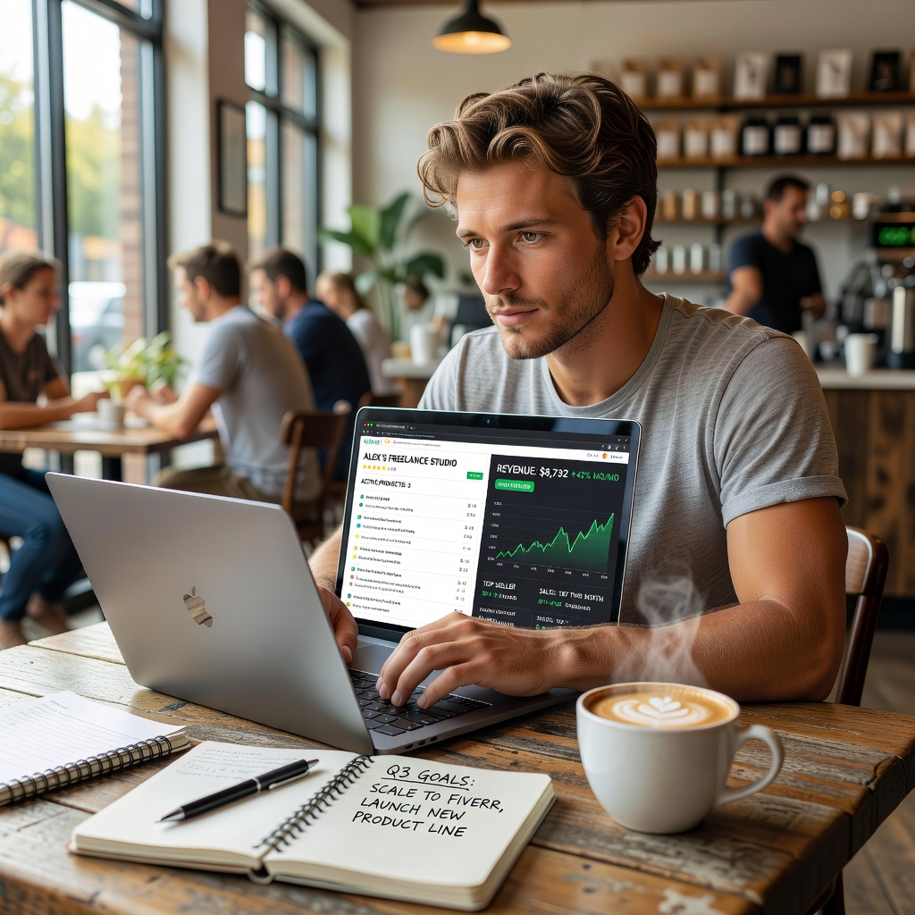 Young White man in 20s hustling on laptop from coffee shop, screens showing freelance gigs and Etsy sales dashboard, energetic vibe