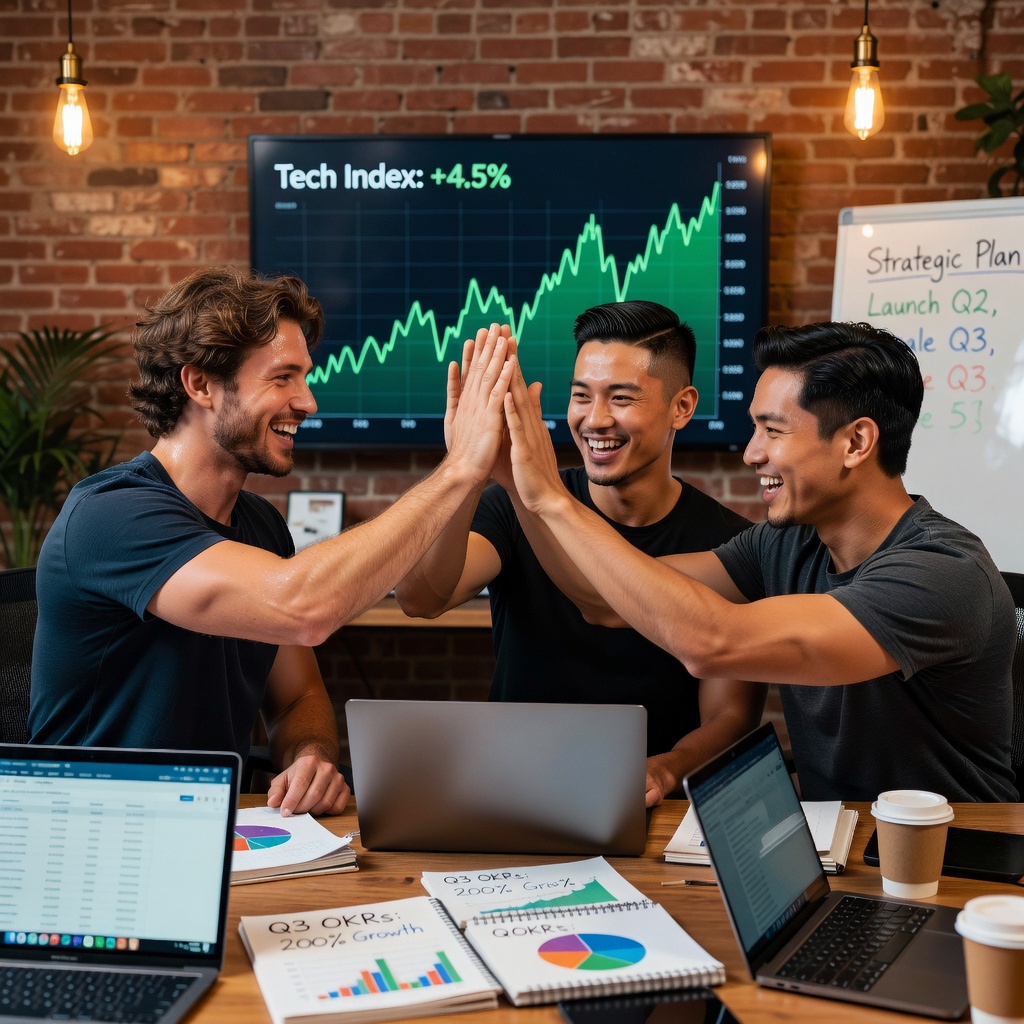 Group of young White and Asian men high-fiving over rising stock charts on wall screen, entrepreneurial startup vibe, loft office setting