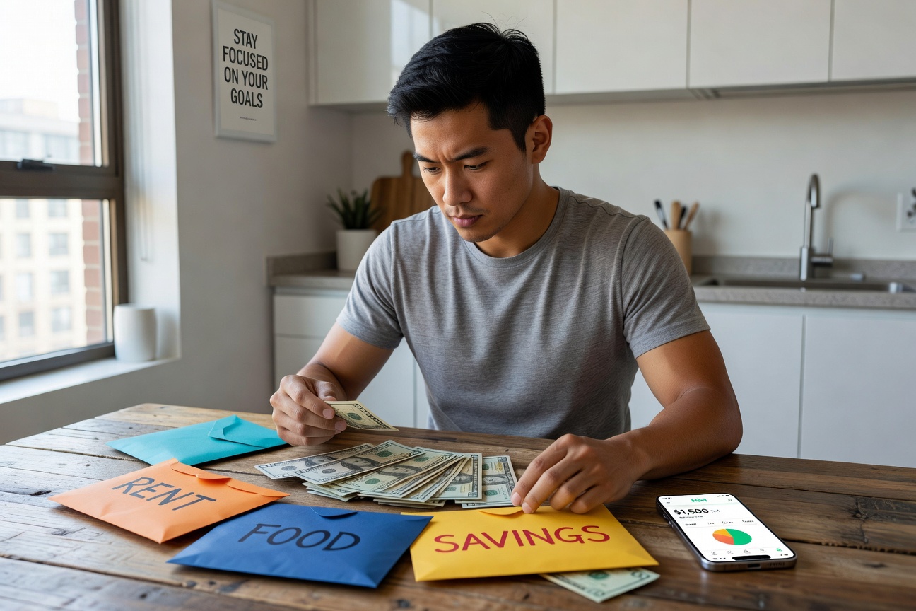 Young Asian man organizing cash envelopes on a wooden table with budget categories labeled, focused expression, modern home office background