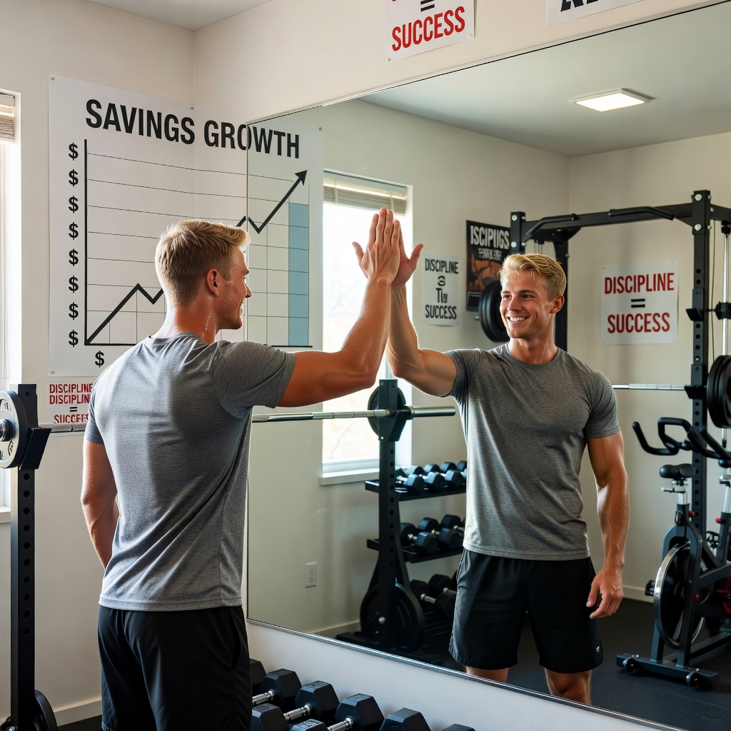 Young White entrepreneur high-fiving himself in mirror, wall chart showing rising savings graph, gym clothes, motivational home setup