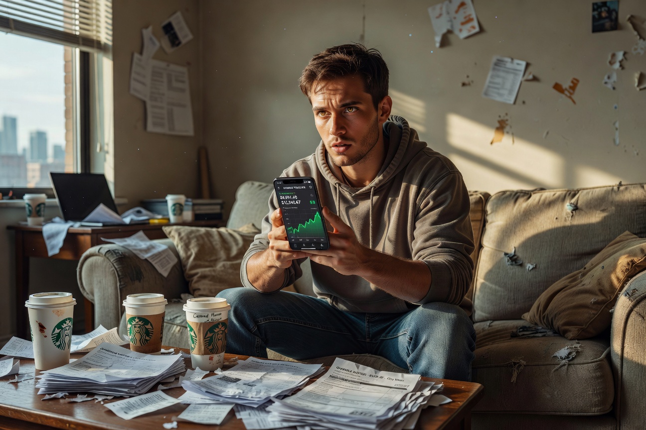 Young White man in casual hoodie triumphantly checking savings app on smartphone amid urban apartment chaos with rising price tags floating around