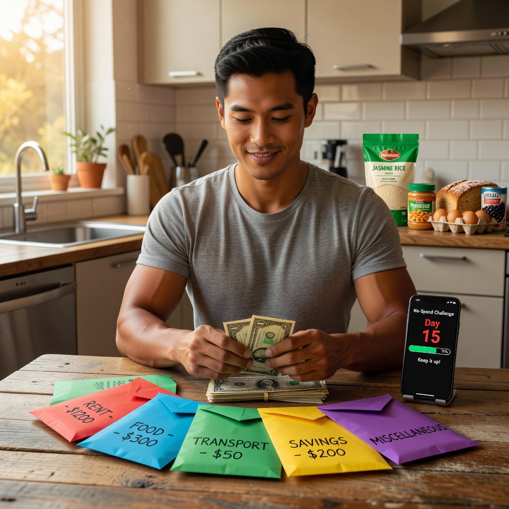 Asian Gen Z guy stuffing cash into colorful envelopes on kitchen table, smartphone showing no-spend challenge tracker