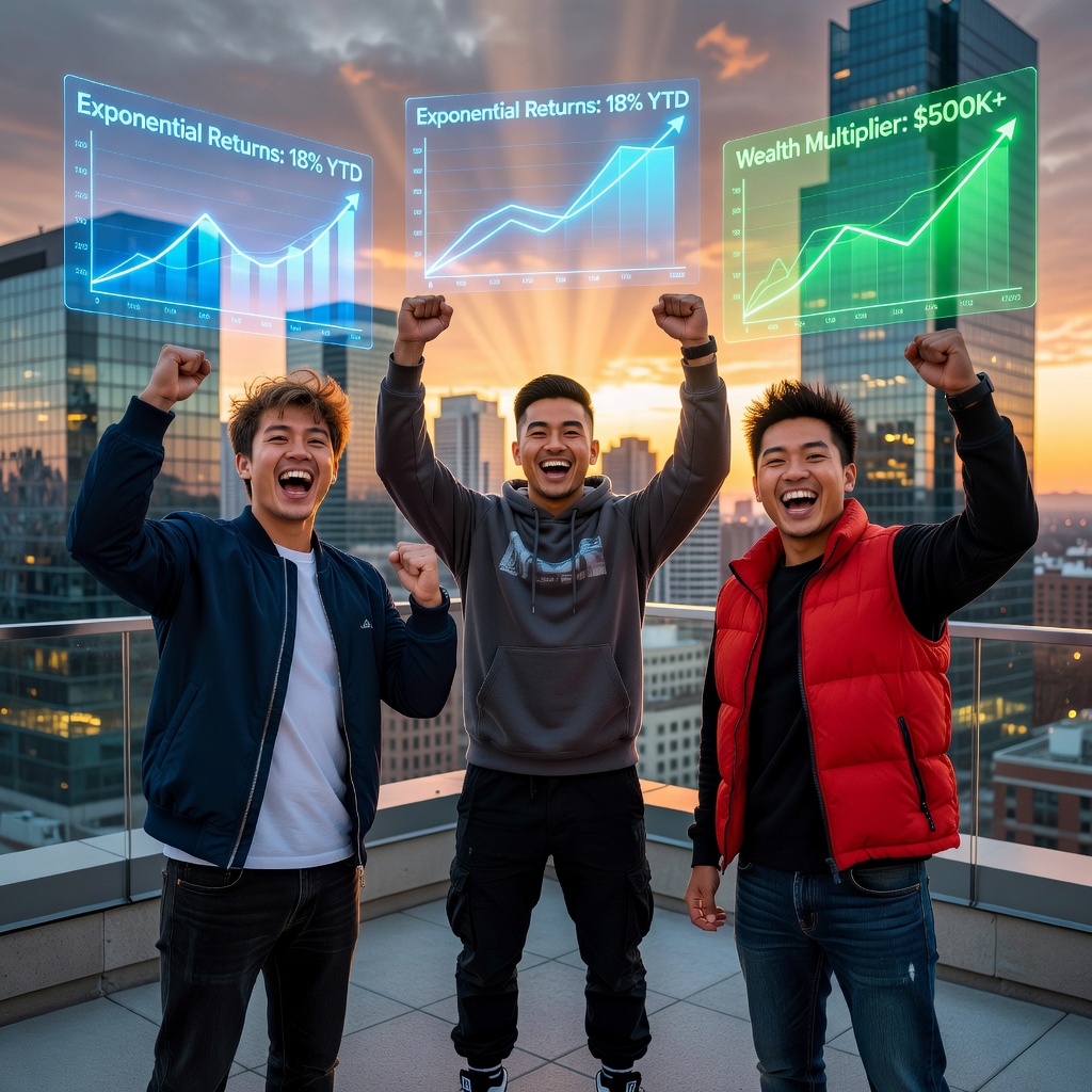 Group of young White and Asian men celebrating savings milestone on rooftop, charts showing compound growth, city skyline background