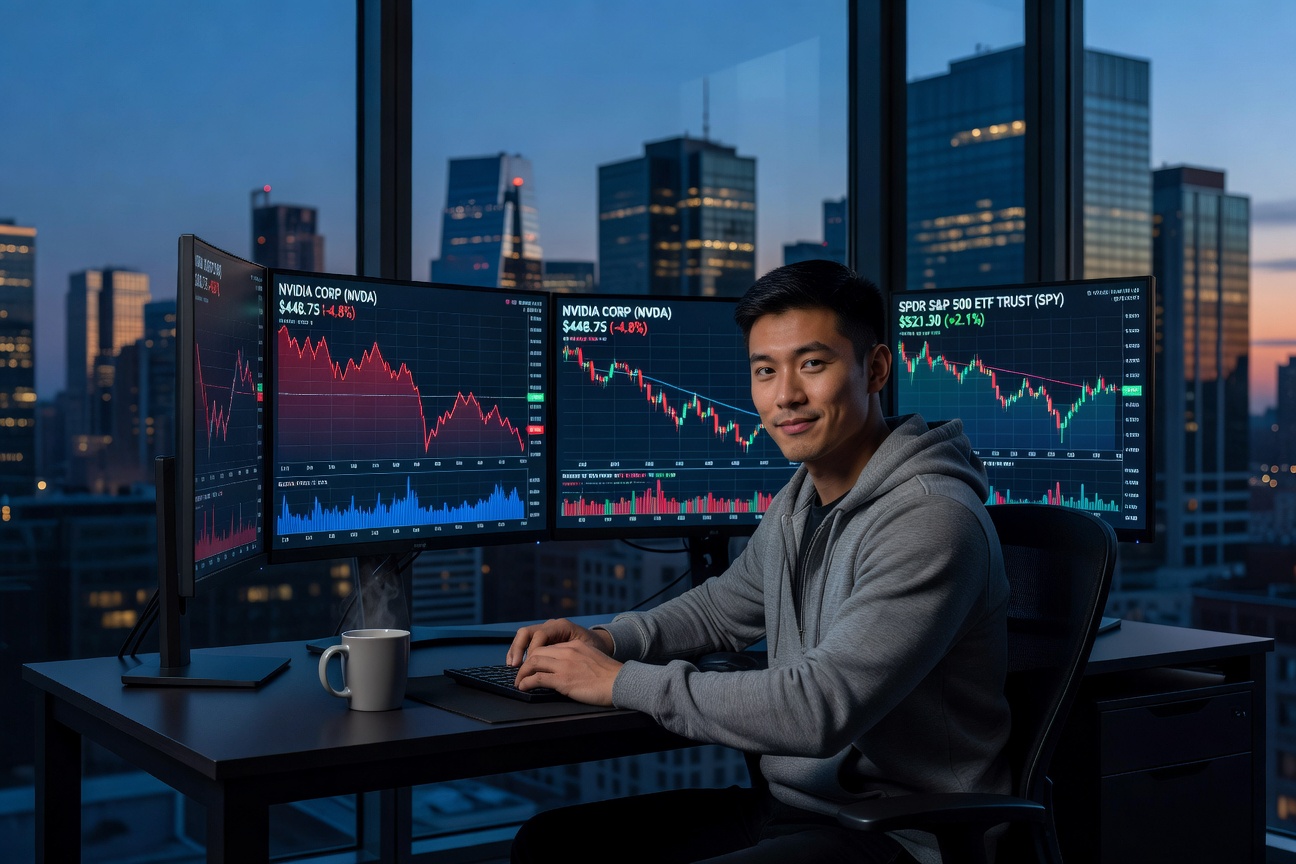 Young Asian investor analyzing stock charts on laptop amid market charts showing volatility