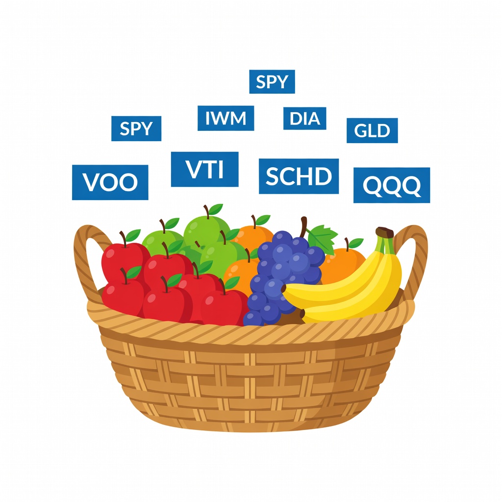Illustration of a diversified basket of fruits representing ETF holdings, with apples for tech, oranges for energy