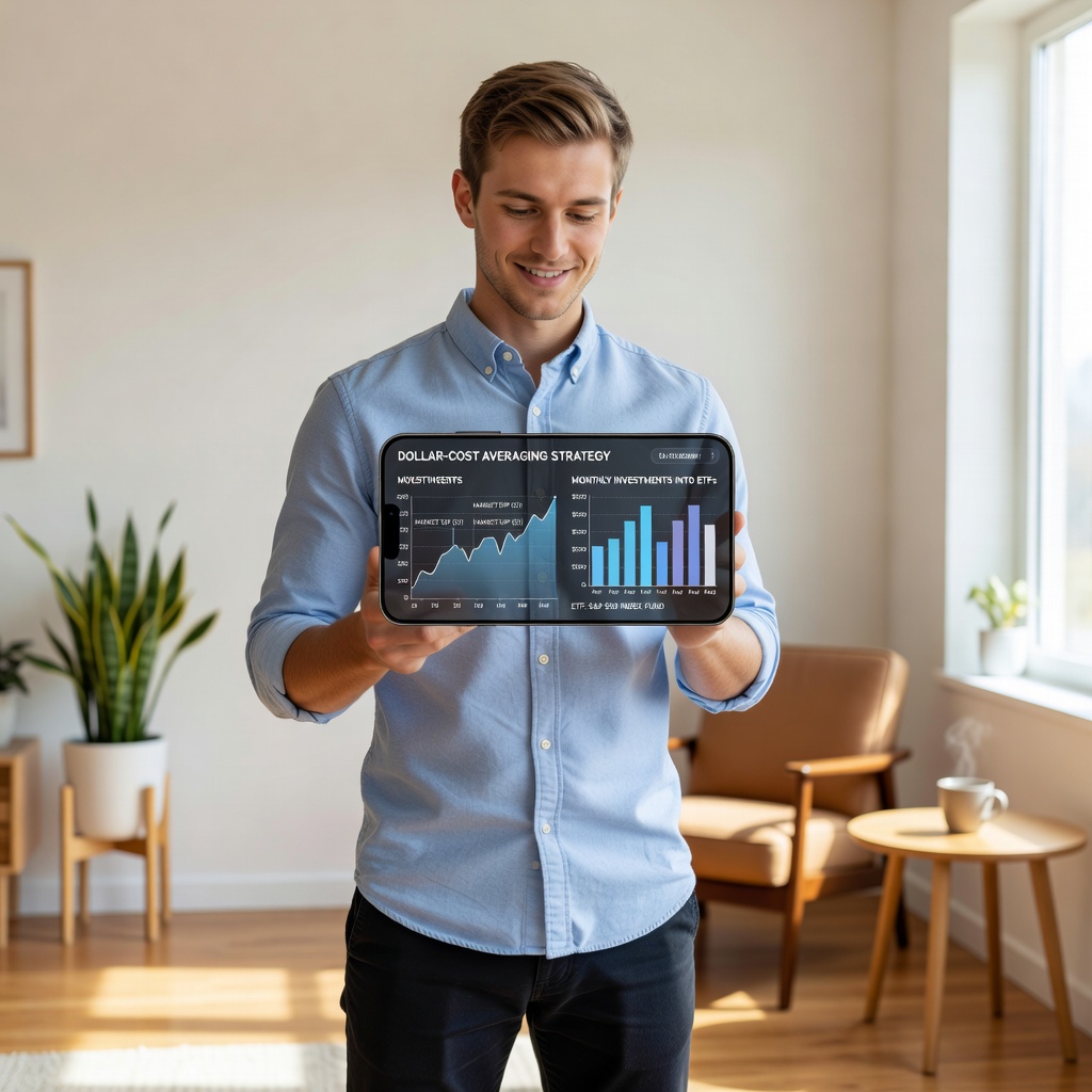Young White man in casual attire charting dollar-cost averaging graph on smartphone, calm expression