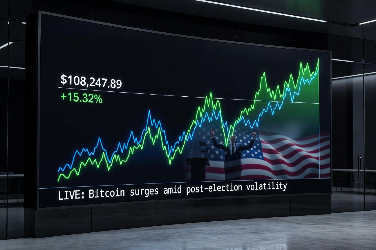 Bitcoin price chart exploding past 108k with Trump election overlay