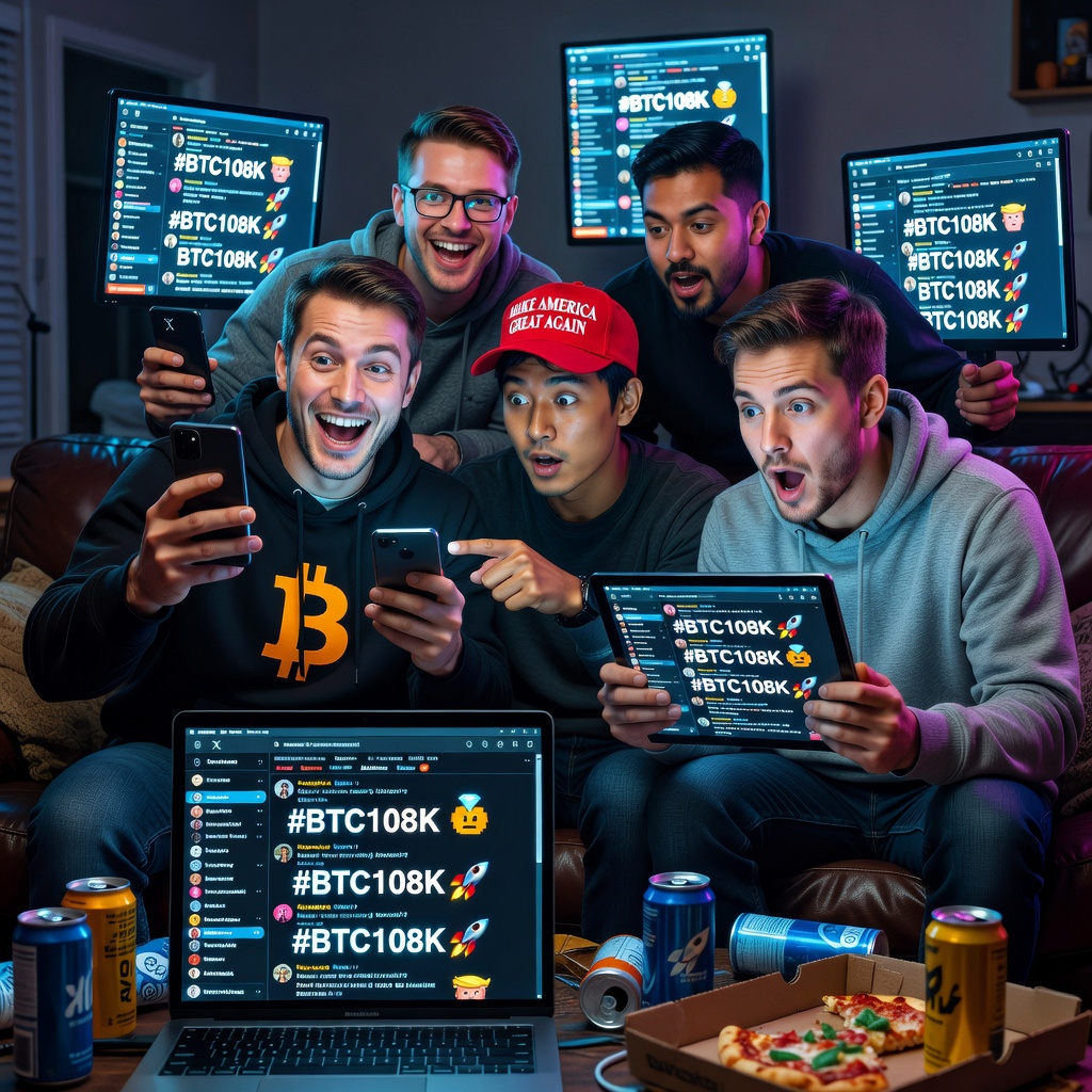 Young White and Asian men on smartphones hyped over Bitcoin memes during Trump rally