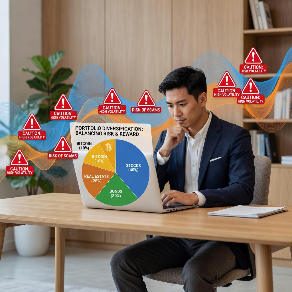 Diversified portfolio pie chart with crypto slice amid risk icons, Asian investor reviewing