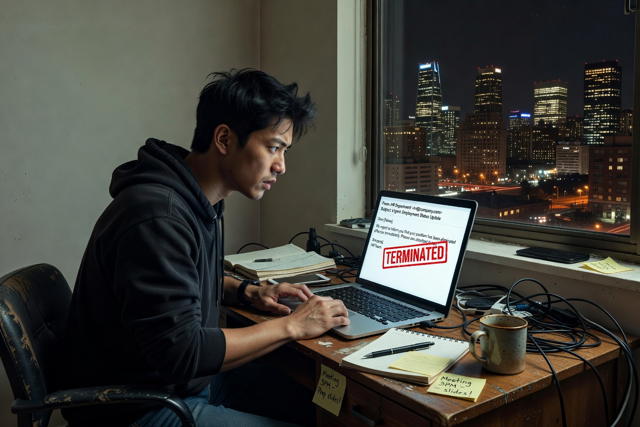 Young Asian man in hoodie staring at layoff email on laptop in dimly lit apartment, frustrated expression, modern minimalist style