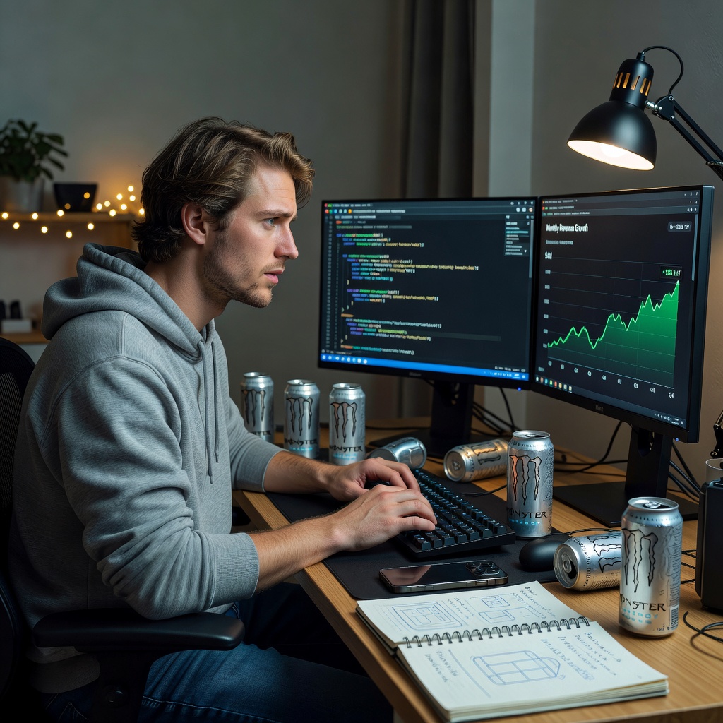 Young White man in 20s typing furiously on laptop in home office, charts and code on multiple screens, building side hustle app, determined focus
