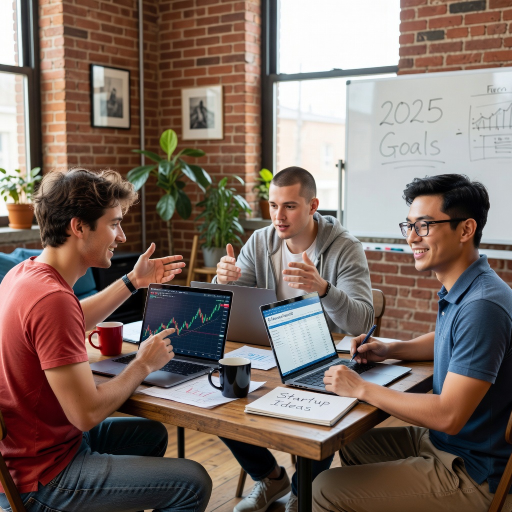 Group of three young White and Asian men in casual attire brainstorming around a table with laptops and stock charts, coffee mugs, vibrant startup vibe