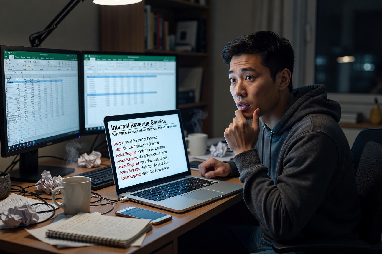 Young Asian man in home office shocked by IRS 1099-K form on laptop screen amid freelance gig notifications