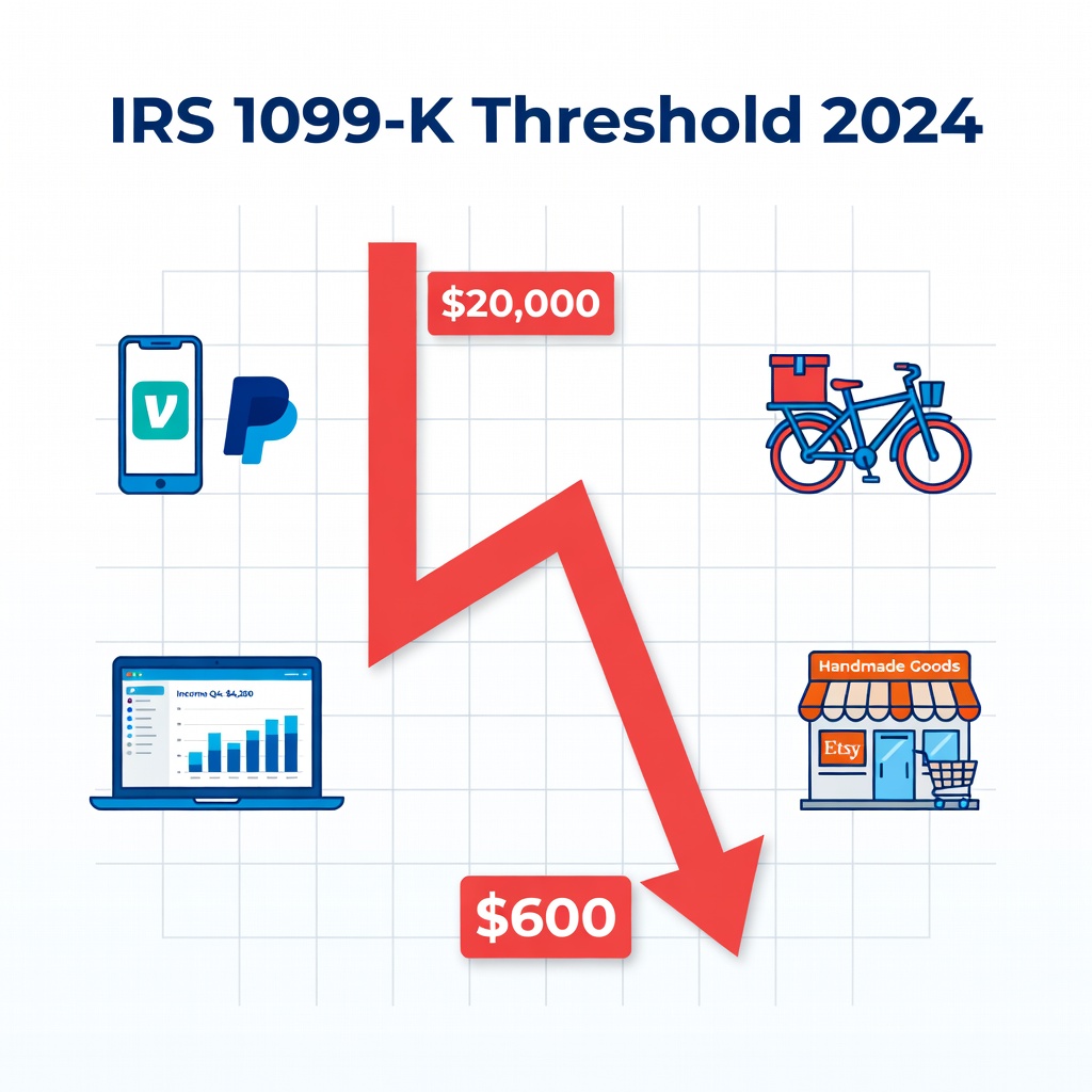 Infographic chart showing IRS 1099-K threshold drop from $20k to $600 with rising gig worker icons and tax dollars