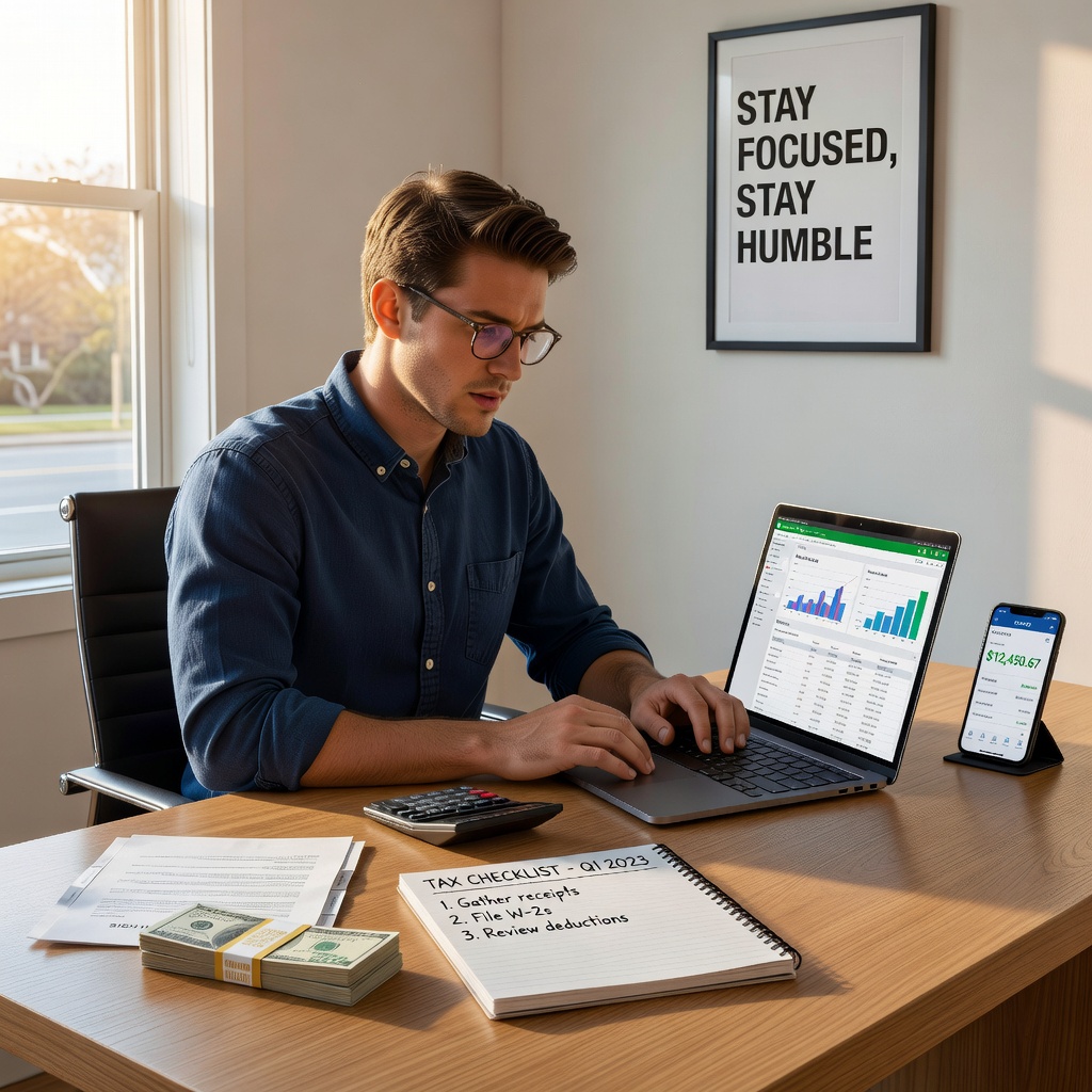Young White freelancer at modern desk with laptop, calendar, tax app open, stack of cash and contract papers nearby