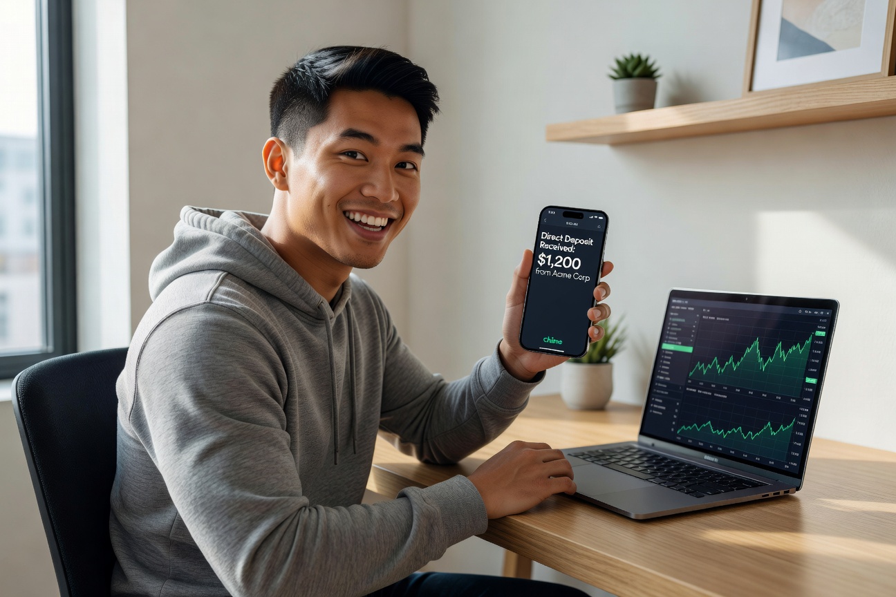 Young Asian entrepreneur checking Chime app balance on phone