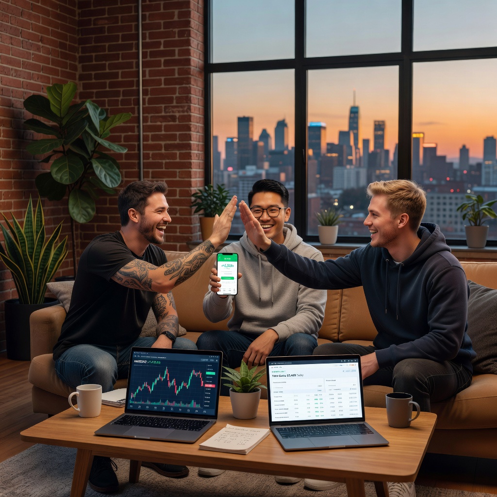 Group of young White and Asian men discussing finances over laptops