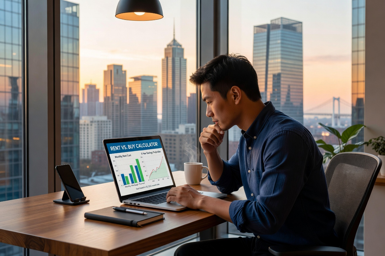 Young Asian man at desk comparing rent and mortgage statements on laptop screen, city skyline view