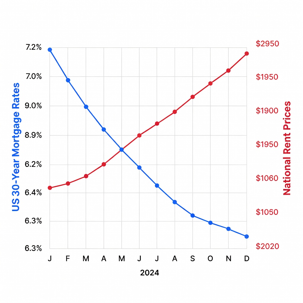Graph chart showing declining mortgage rates vs rising rent prices over 2024, minimalist design