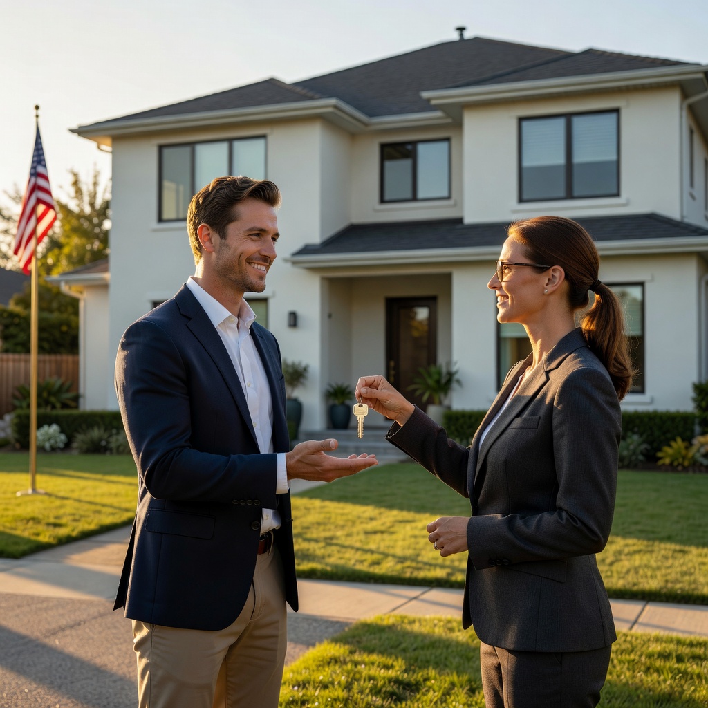 Young White man handing house keys to realtor, excited expression, modern suburban home background