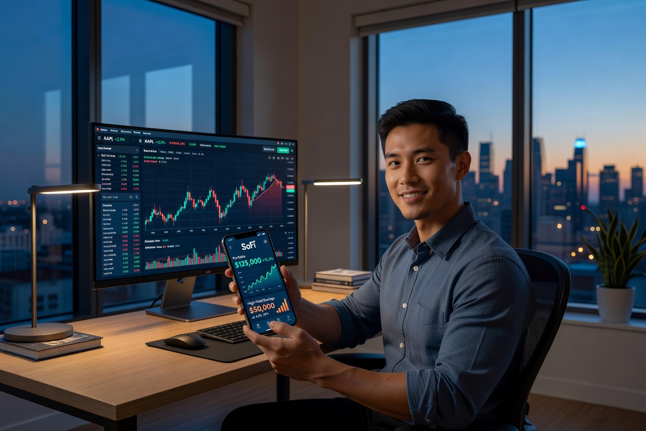 Young Asian entrepreneur reviewing soaring portfolio on SoFi app dashboard