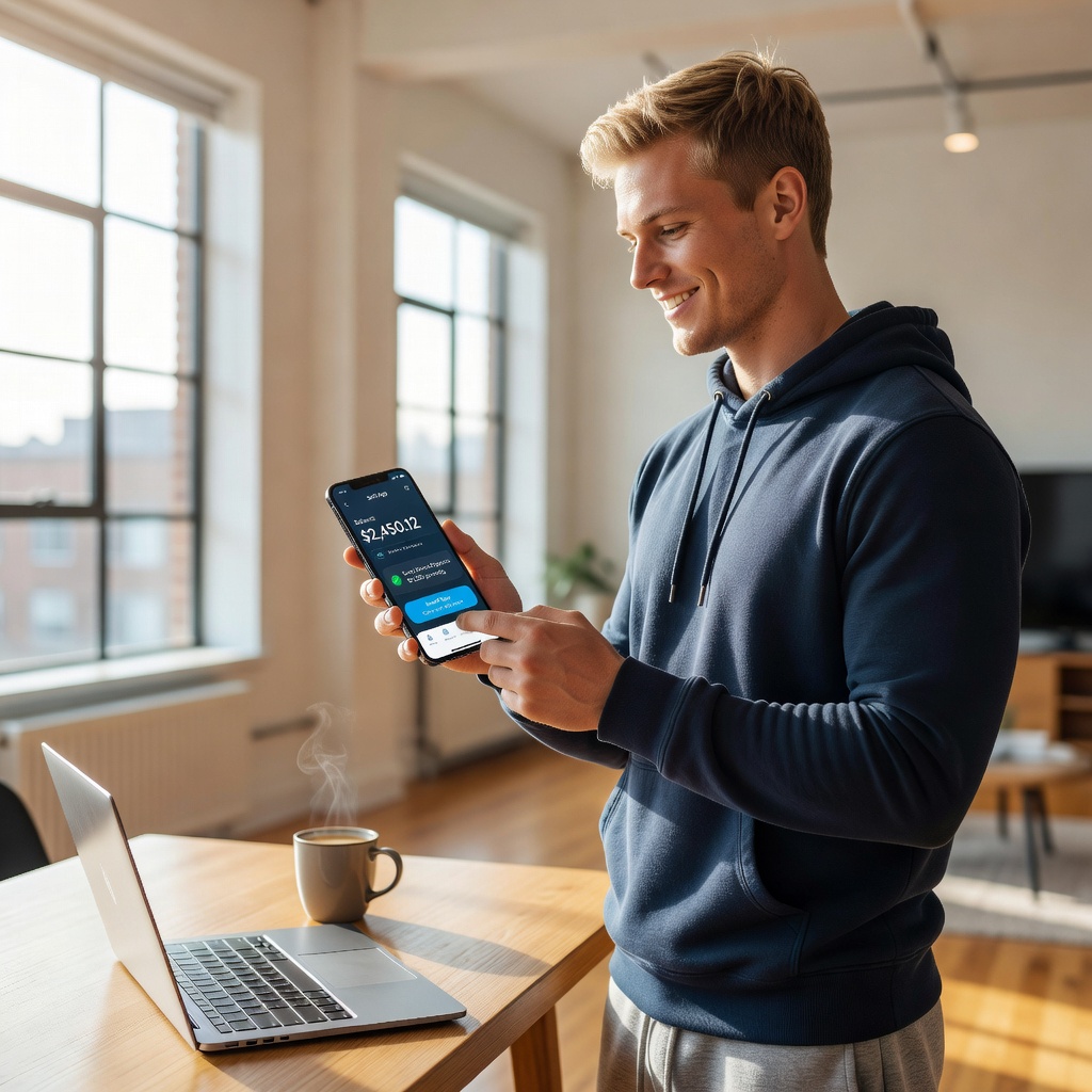 White young professional depositing paycheck via SoFi mobile app on smartphone