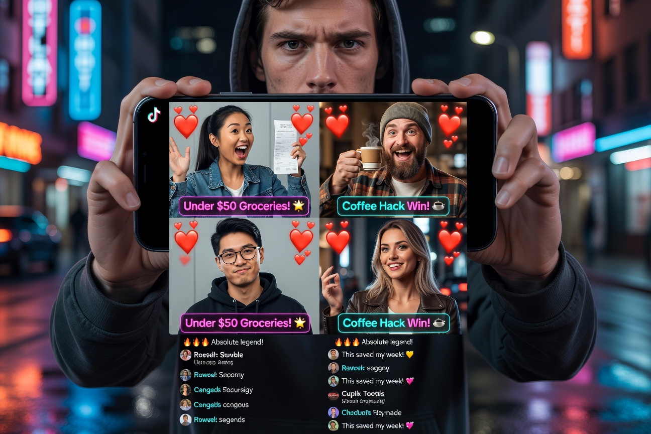 Viral TikTok montage of young White and Asian men sharing loud budgeting triumphs on social media feeds exploding with hearts and comments