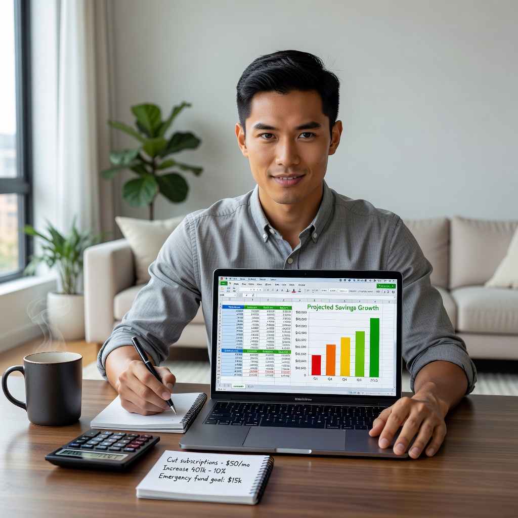 Young Asian man analyzing budget spreadsheet on laptop in minimalist home office, calculator and coffee nearby, determined expression