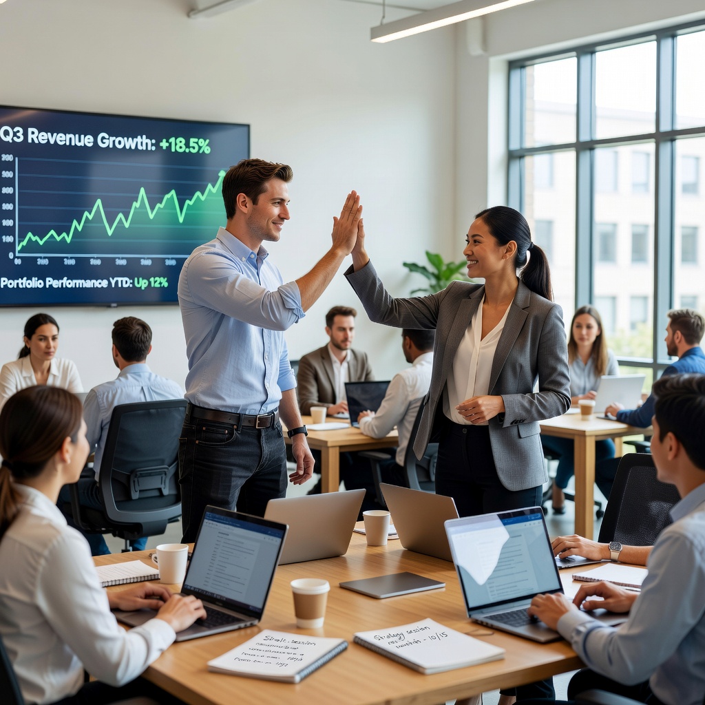 Confident young White entrepreneur high-fiving investor in modern co-working space, charts showing investment growth on wall screens behind