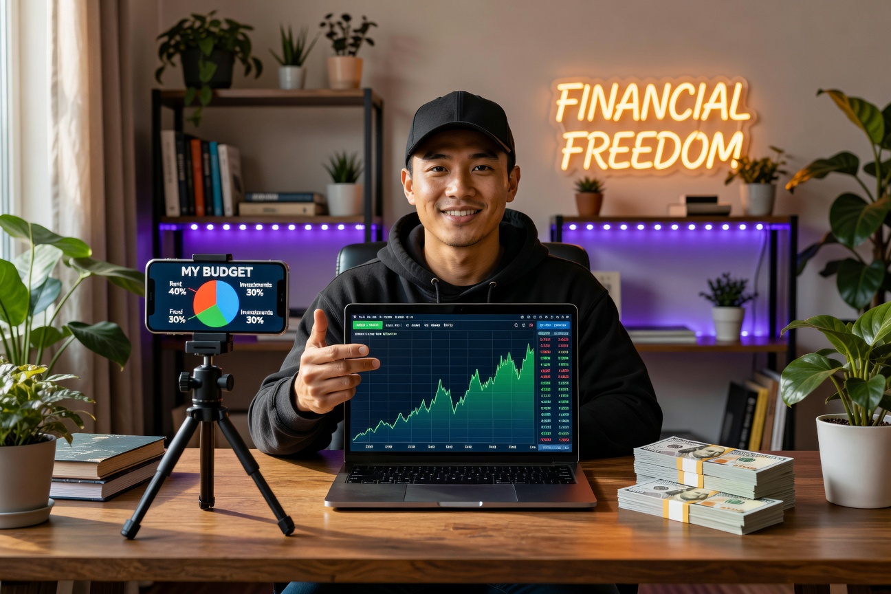 Young Asian man confidently sharing his monthly budget breakdown on TikTok live, surrounded by savings jars and stock charts on his screen