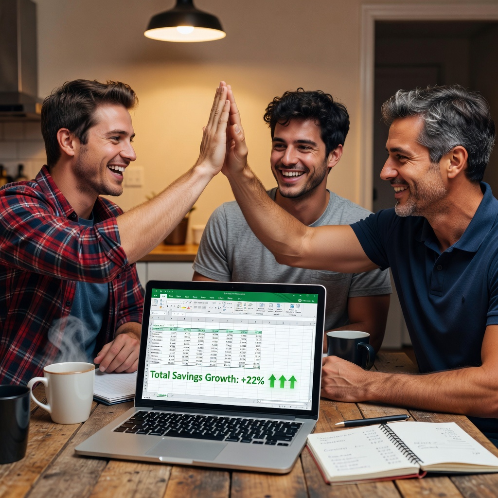 Group of young White men in a casual home setting, high-fiving over a shared budget spreadsheet on a laptop, charts showing rising savings