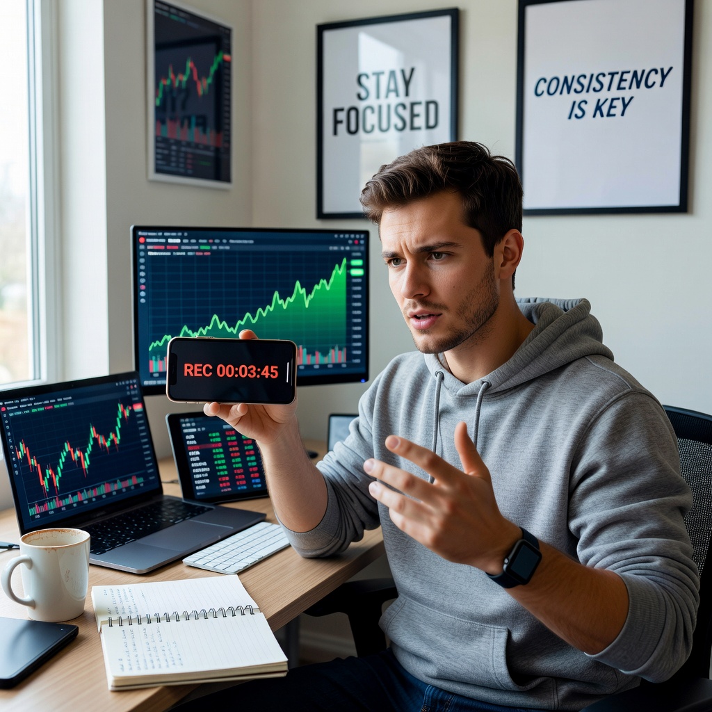 Young White entrepreneur at a desk, phone in hand filming a loud budgeting update, background with stock tickers and cash flow graphs climbing upward