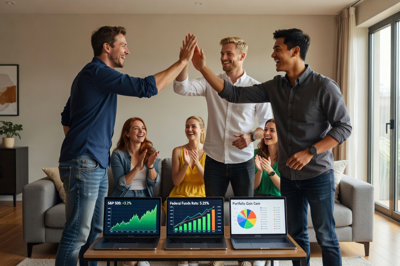 Group of young White and Asian men celebrating Fed rate cut with financial charts and cheerful girlfriends