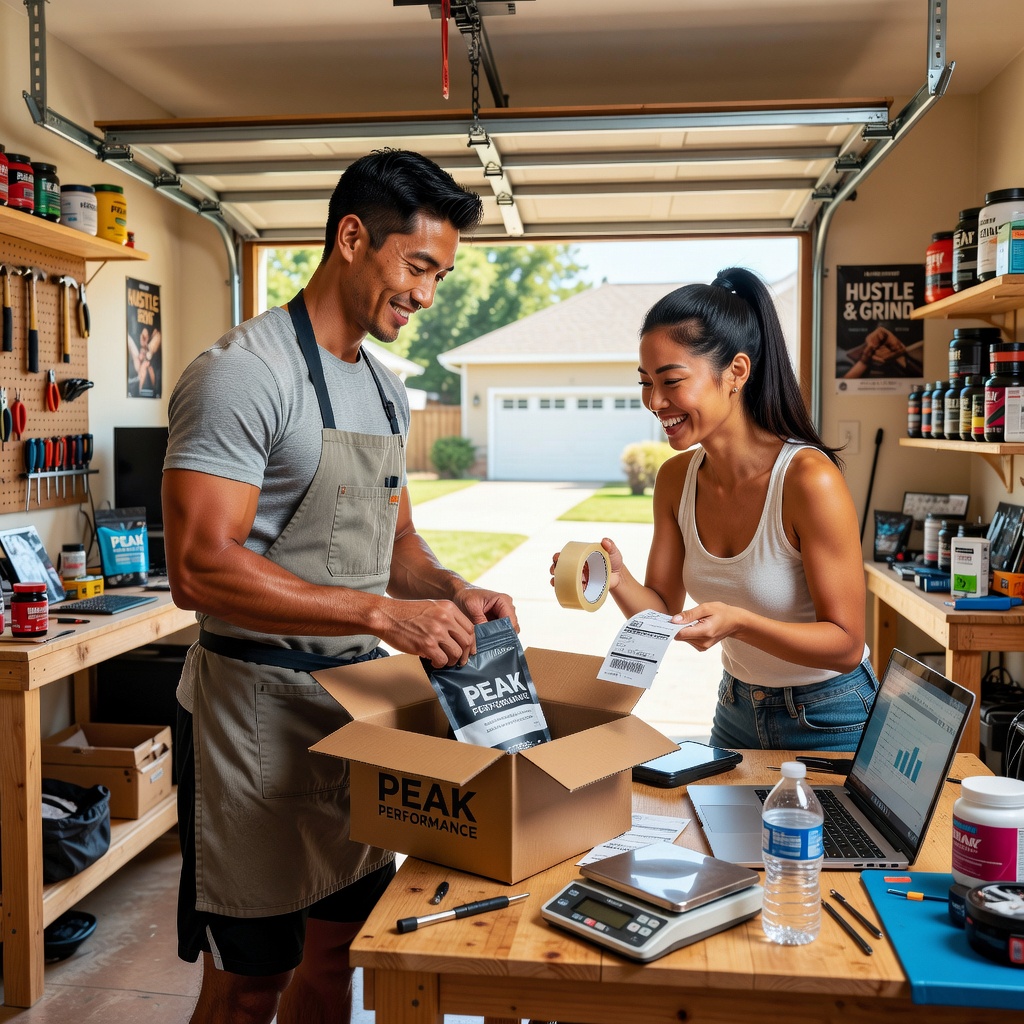 Healthy young Asian man packaging e-commerce products in home setup with good-looking cheerful girlfriend assisting joyfully