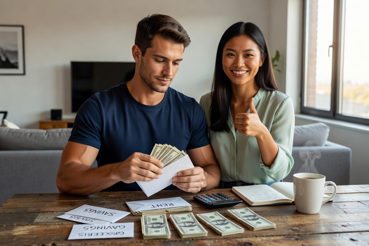Young man confidently organizing cash envelopes on a wooden table, calculator and notebook nearby, looking empowered