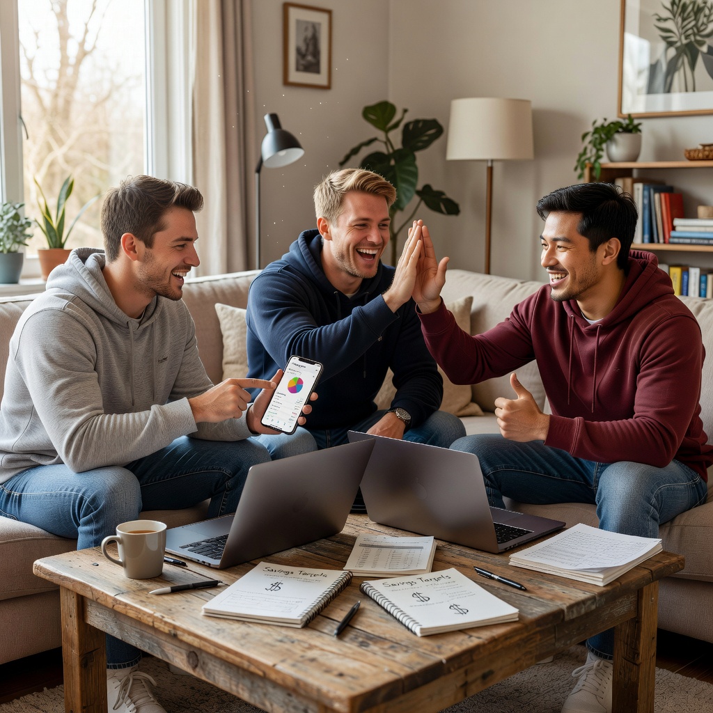 Group of healthy White and Asian men in casual clothes discussing budgets around a coffee table, laughing and high-fiving