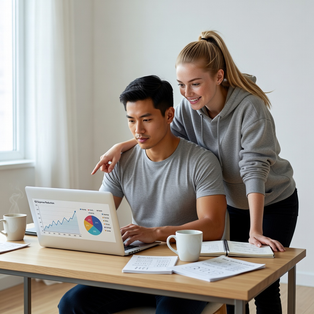 Healthy Asian man in 20s tracking expenses on laptop, cheerful White girlfriend cheering him on, modern apartment setting