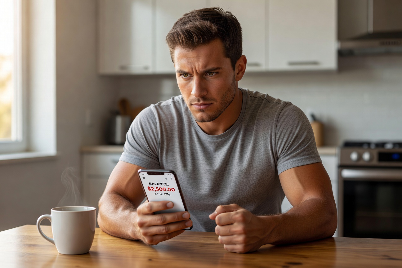 Young man staring at high credit card bill on phone