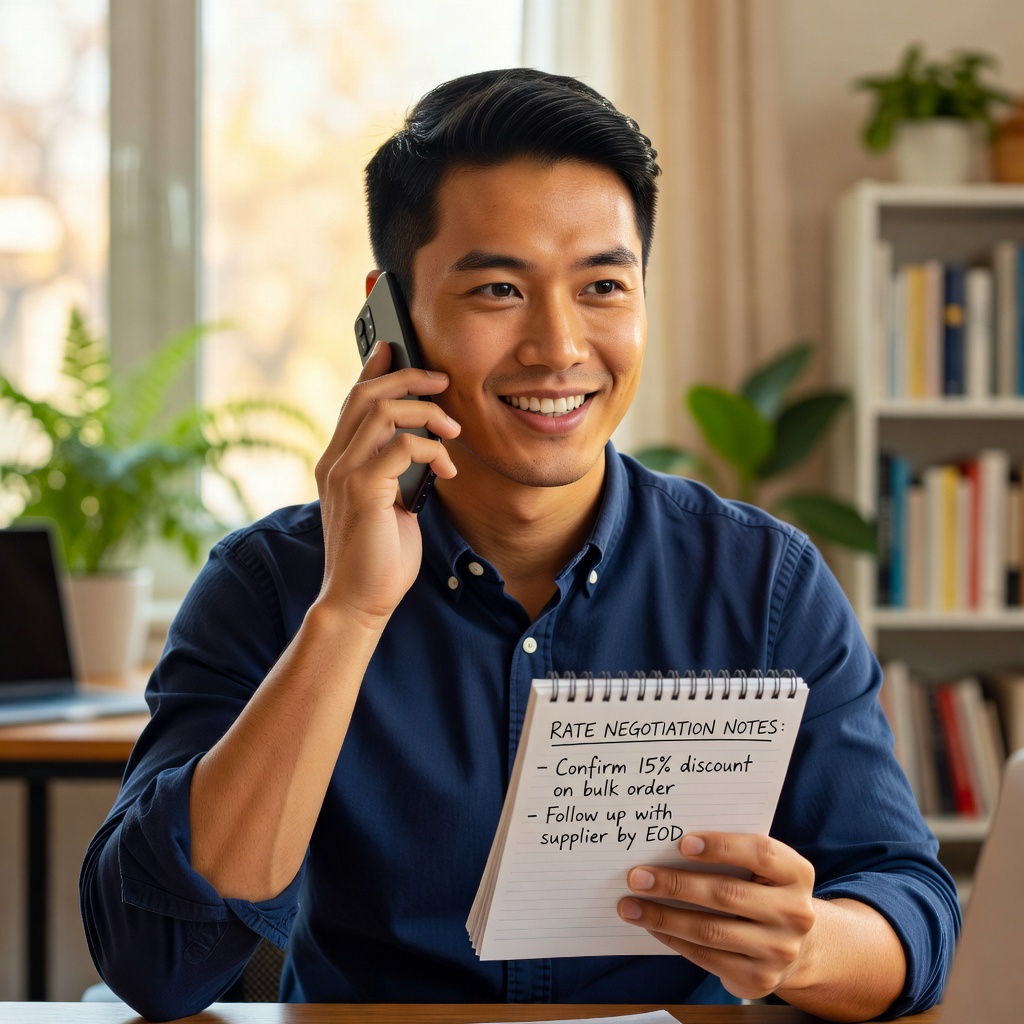 Young Asian man on phone call negotiating lower rate